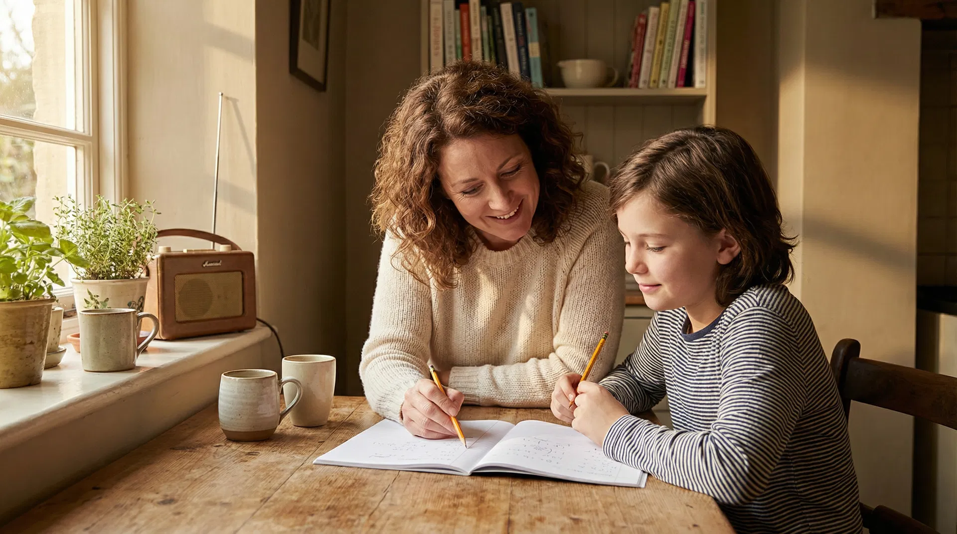 Mother and child doing math together at home