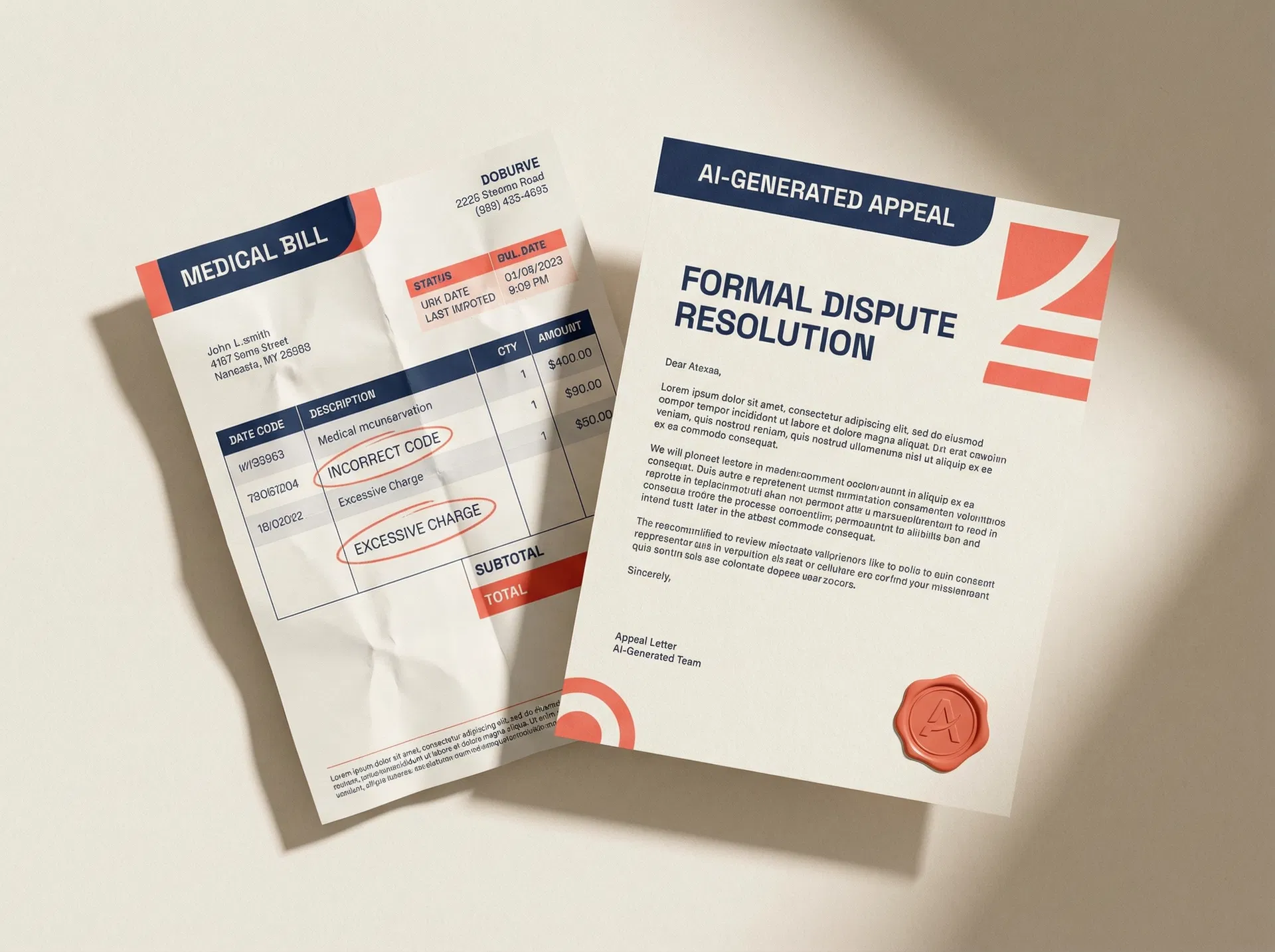 Medical bill with errors highlighted next to an AI-generated appeal letter