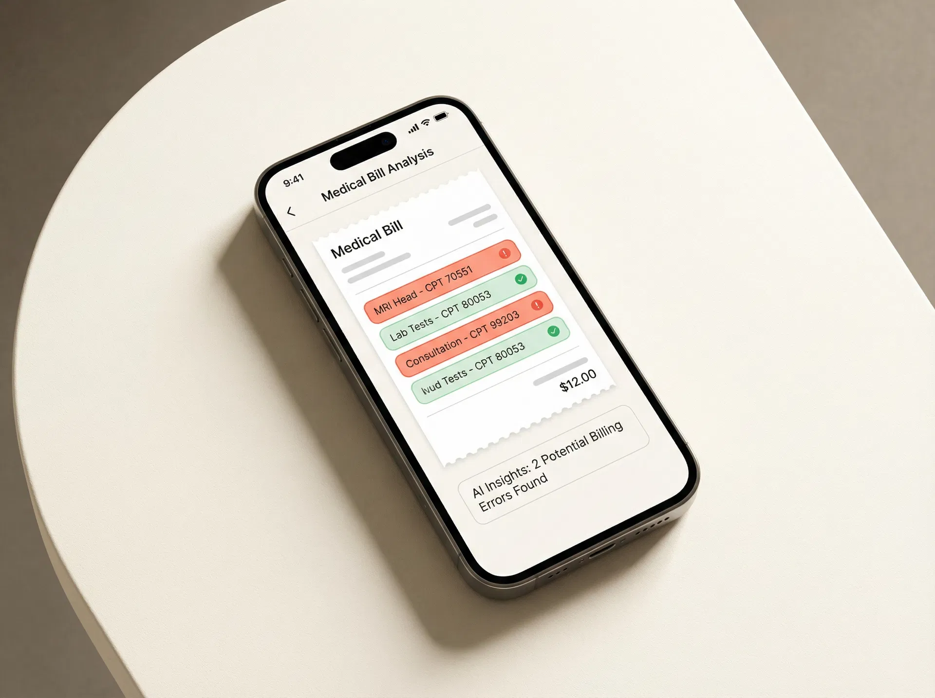 MedBill AI app showing medical bill analysis with errors highlighted