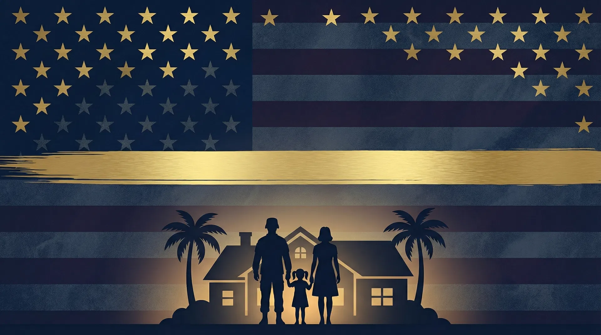 Military patriotic banner with American flag and veteran family silhouette