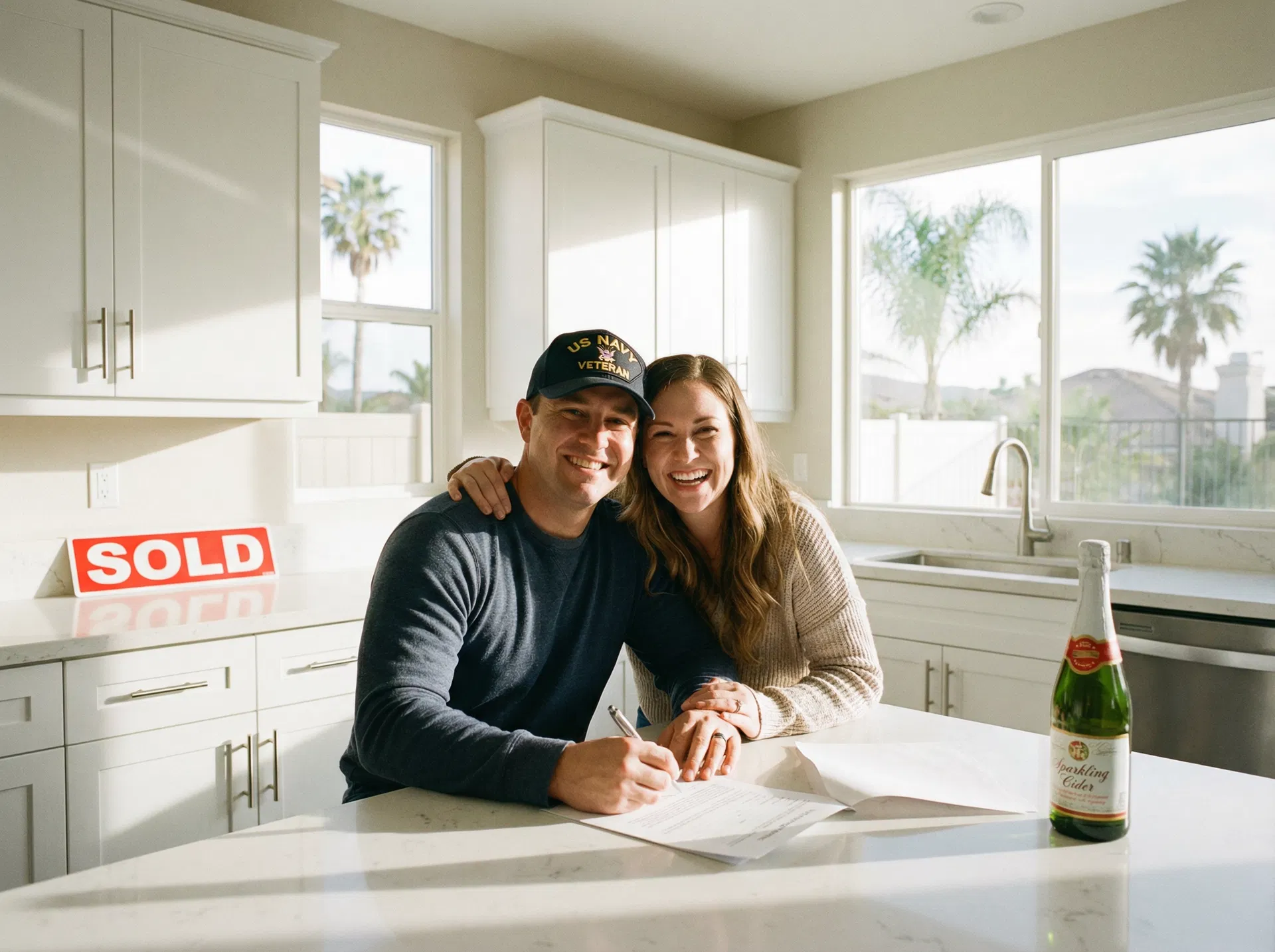 Navy veteran couple celebrating signing their VA home loan documents