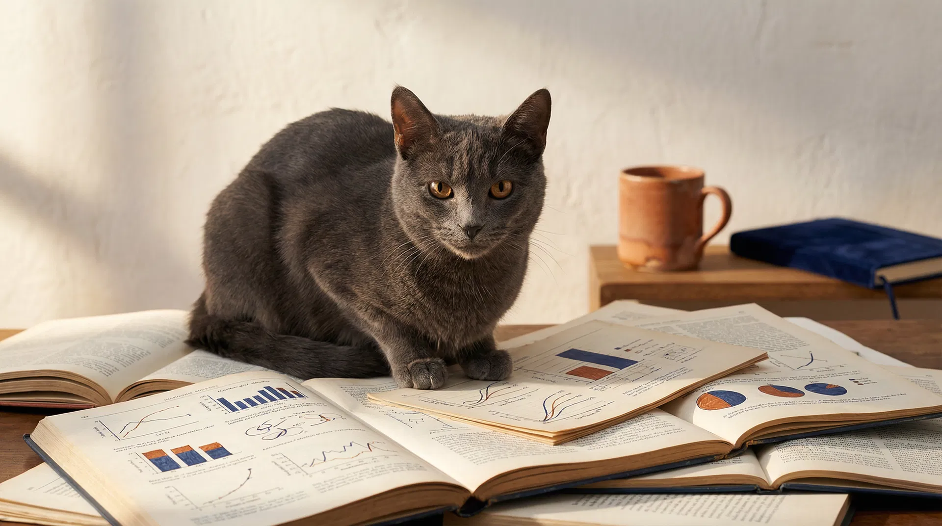 Katze sitzt auf wissenschaftlichen Journalen