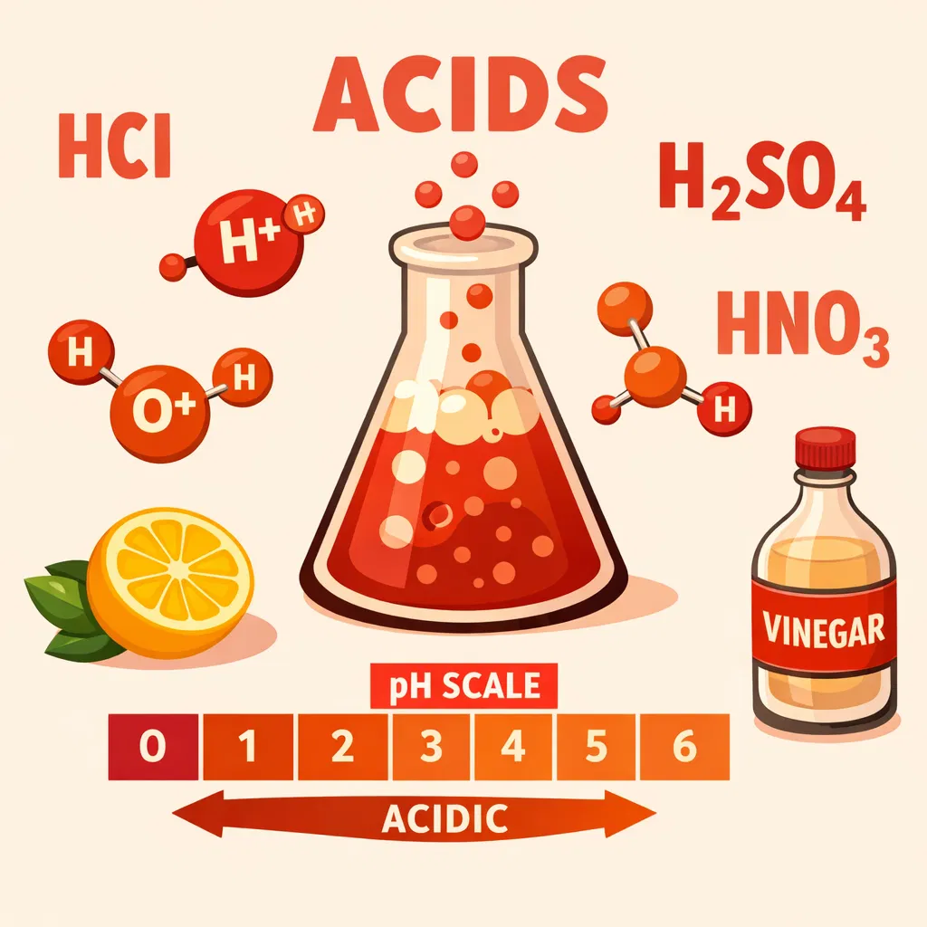 Acids — H+ ions, pH scale, HCl, H2SO4, HNO3