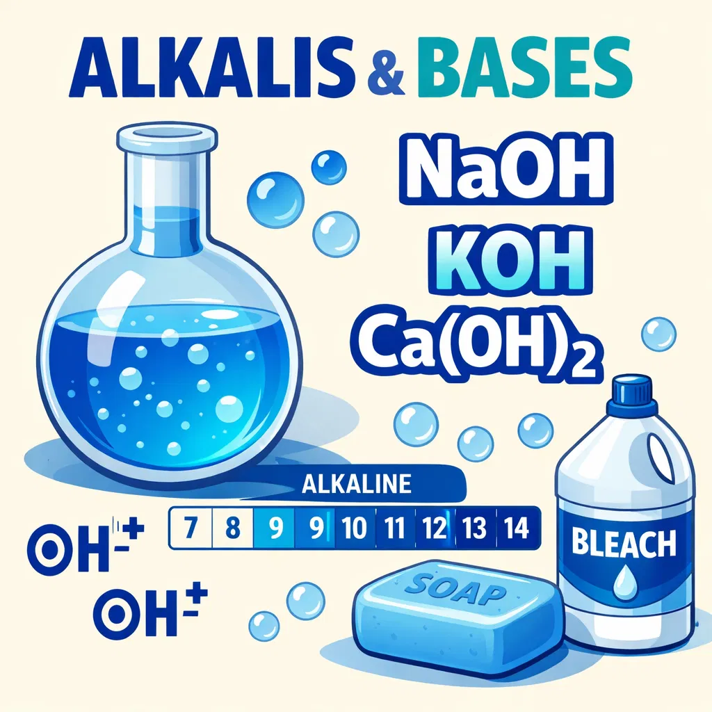 Alkalis — OH- ions, pH scale, NaOH, KOH, Ca(OH)2