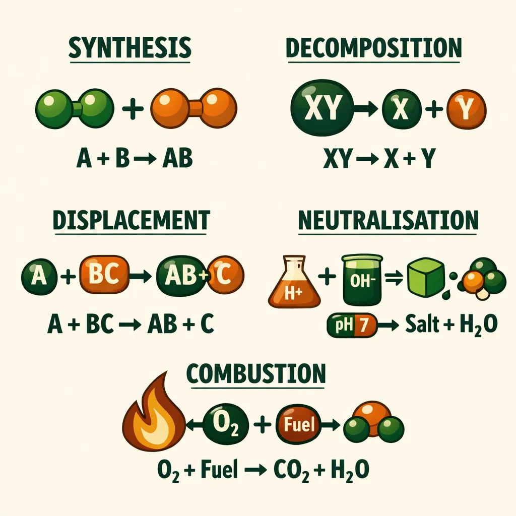 Types of chemical reactions — synthesis, decomposition, displacement, neutralisation, combustion