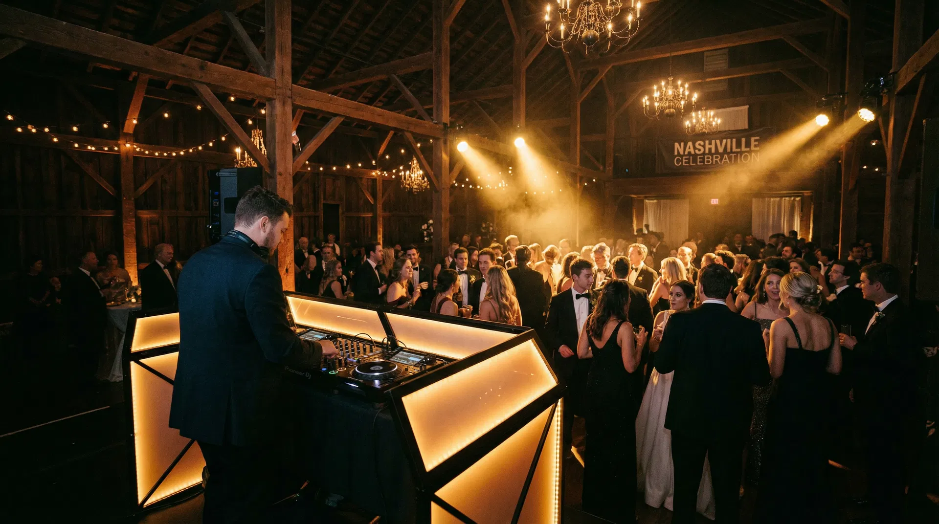 Professional DJ performing at an upscale Nashville event with warm amber lighting and energetic crowd