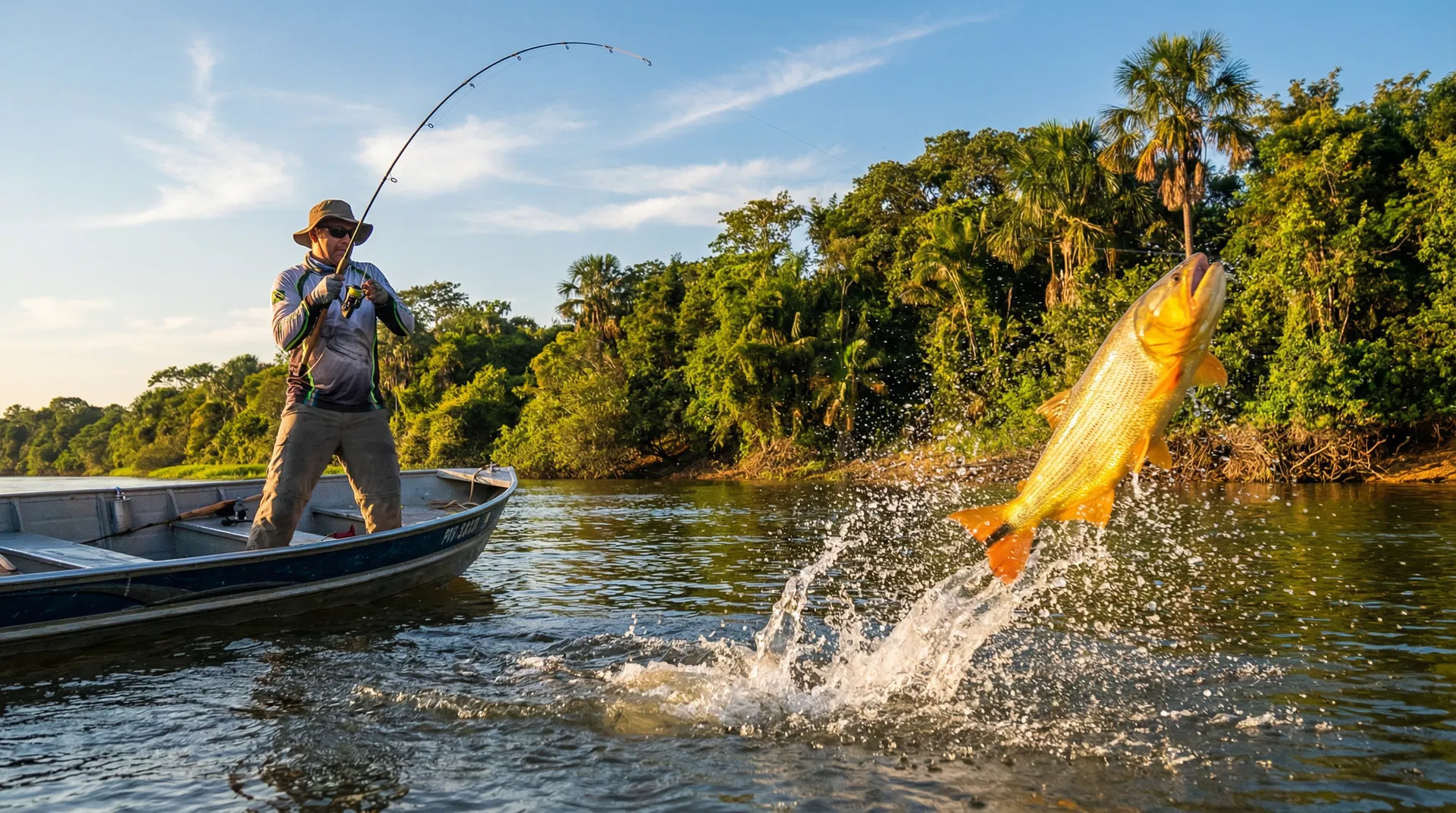 Pescador fisgando um Dourado no rio