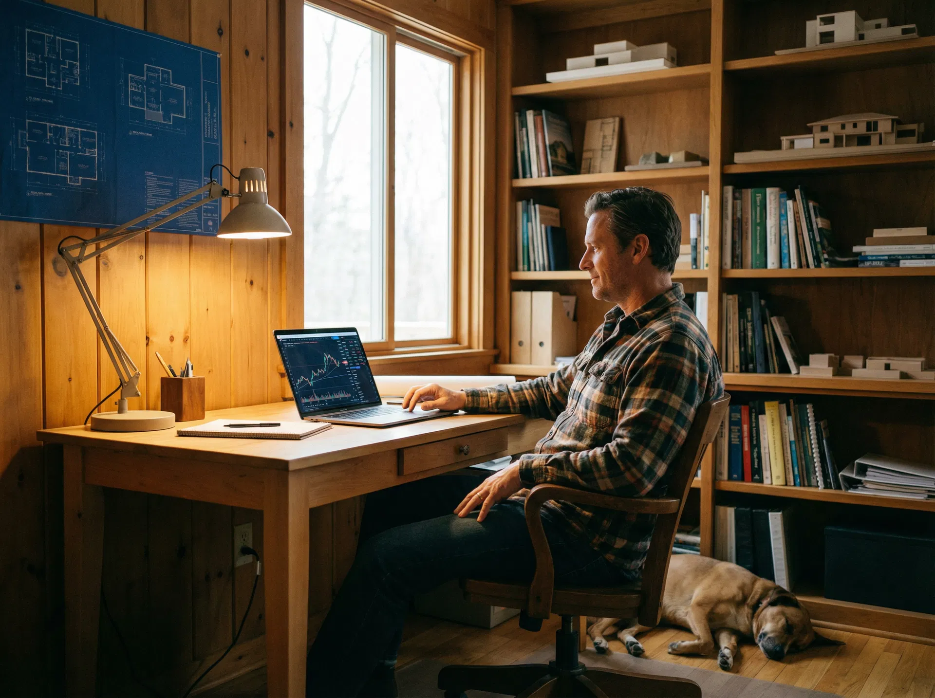 Contractor reviewing financial reports at desk