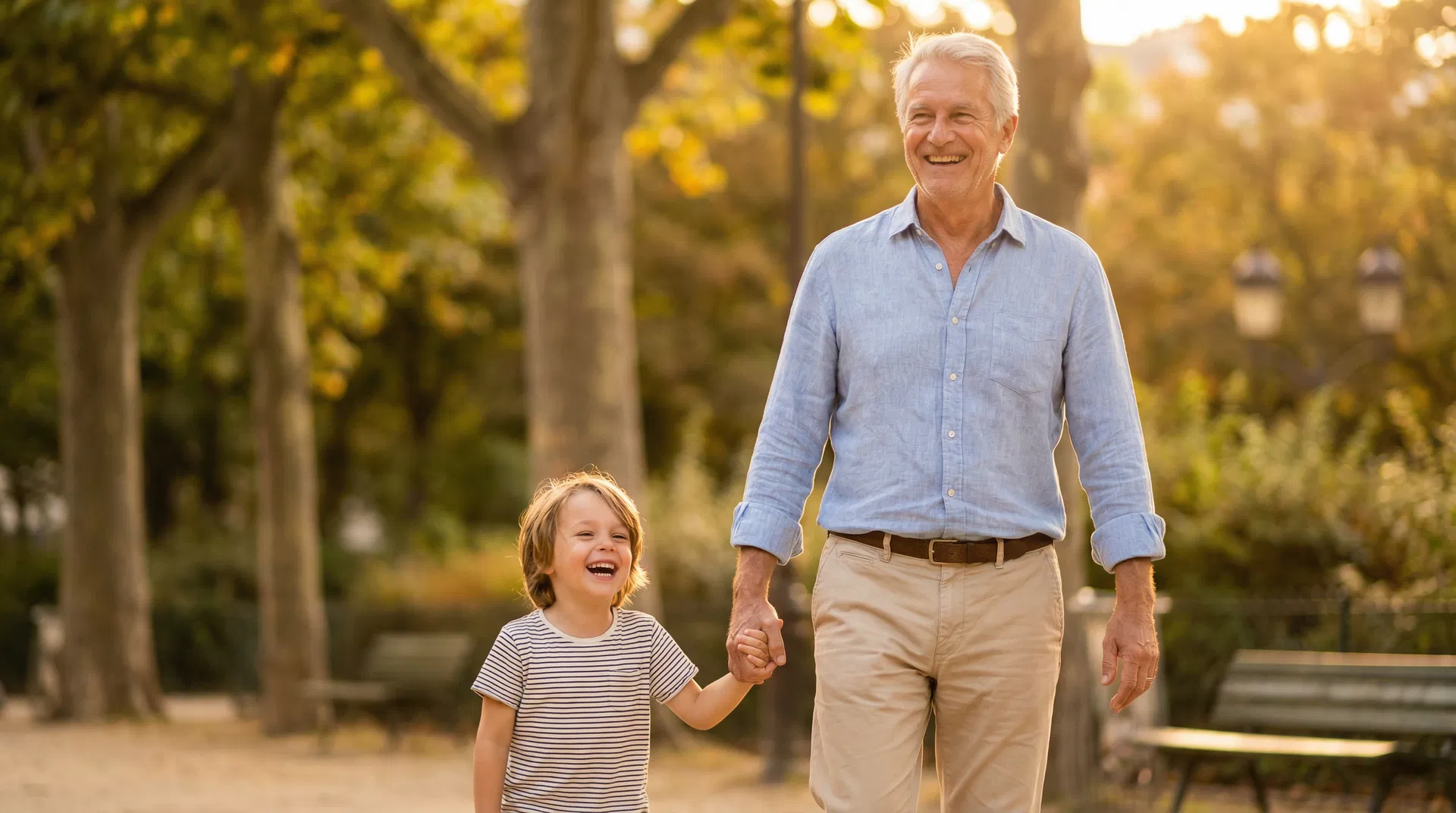 Grand-père qui marche librement avec son petit-fils après Vyrène Capsaicin Power