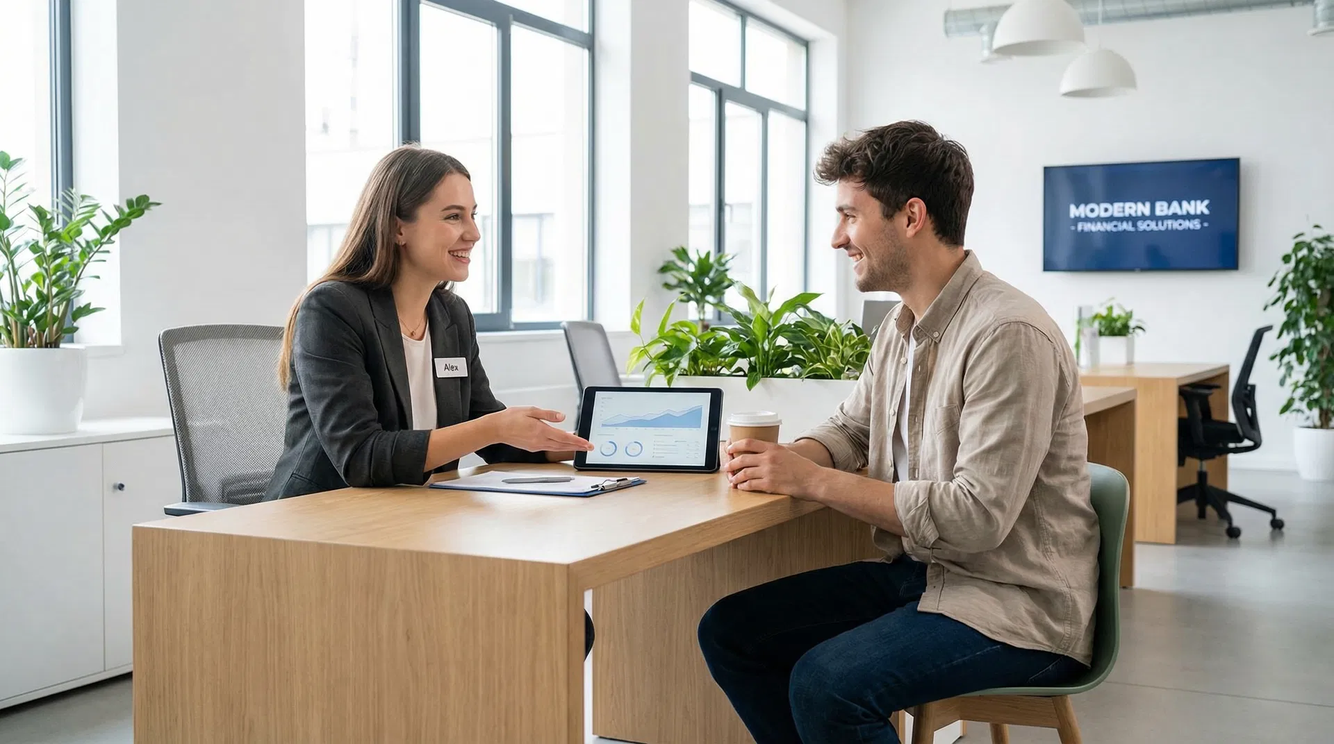Joven asesor atendiendo cliente