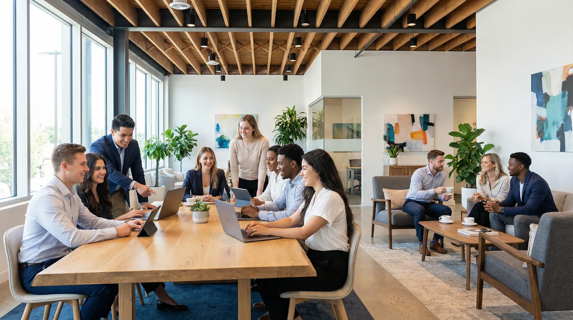 Equipo joven en banco moderno