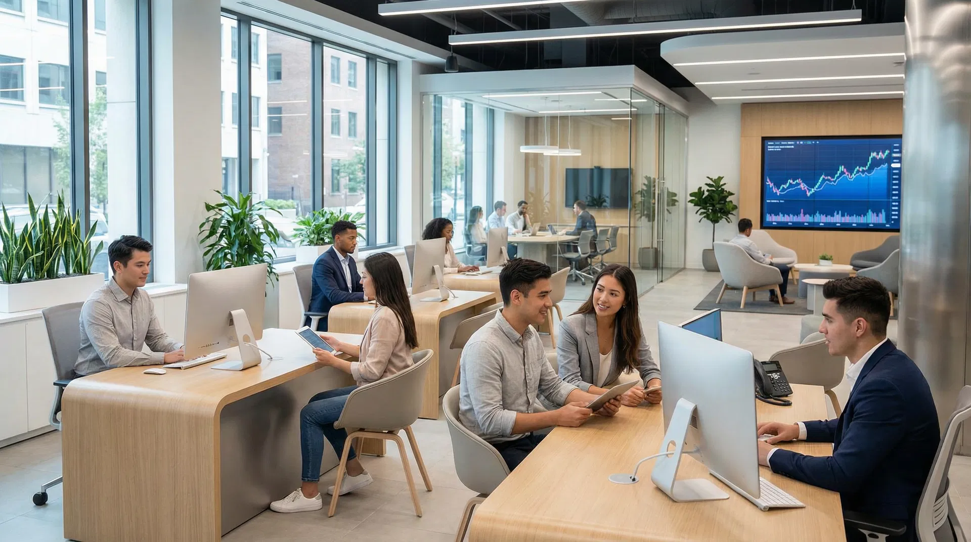 Banco moderno con jóvenes clientes