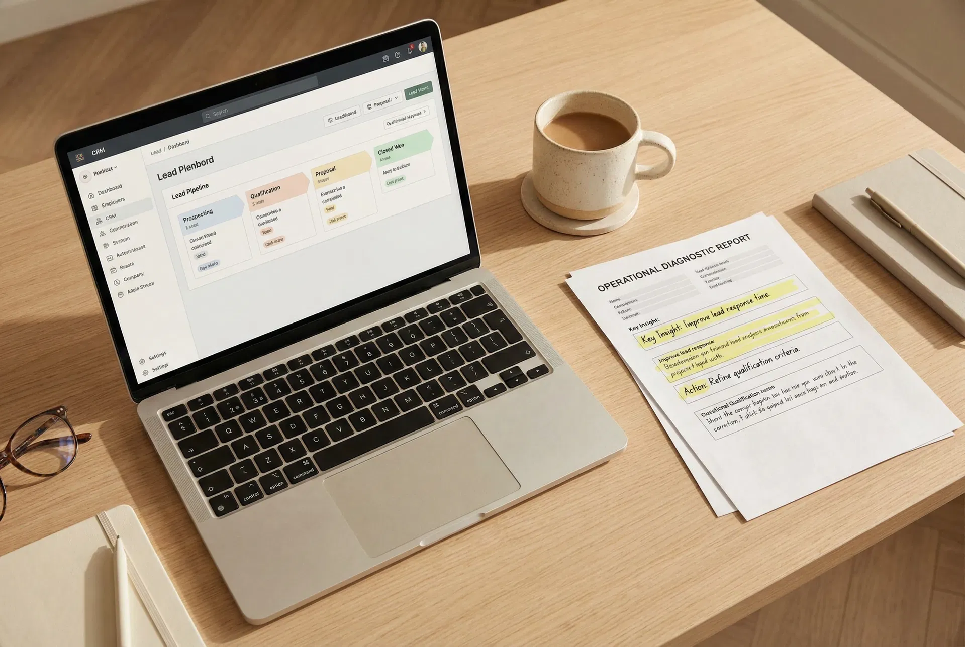 Diagnostic workspace with CRM dashboard and audit report