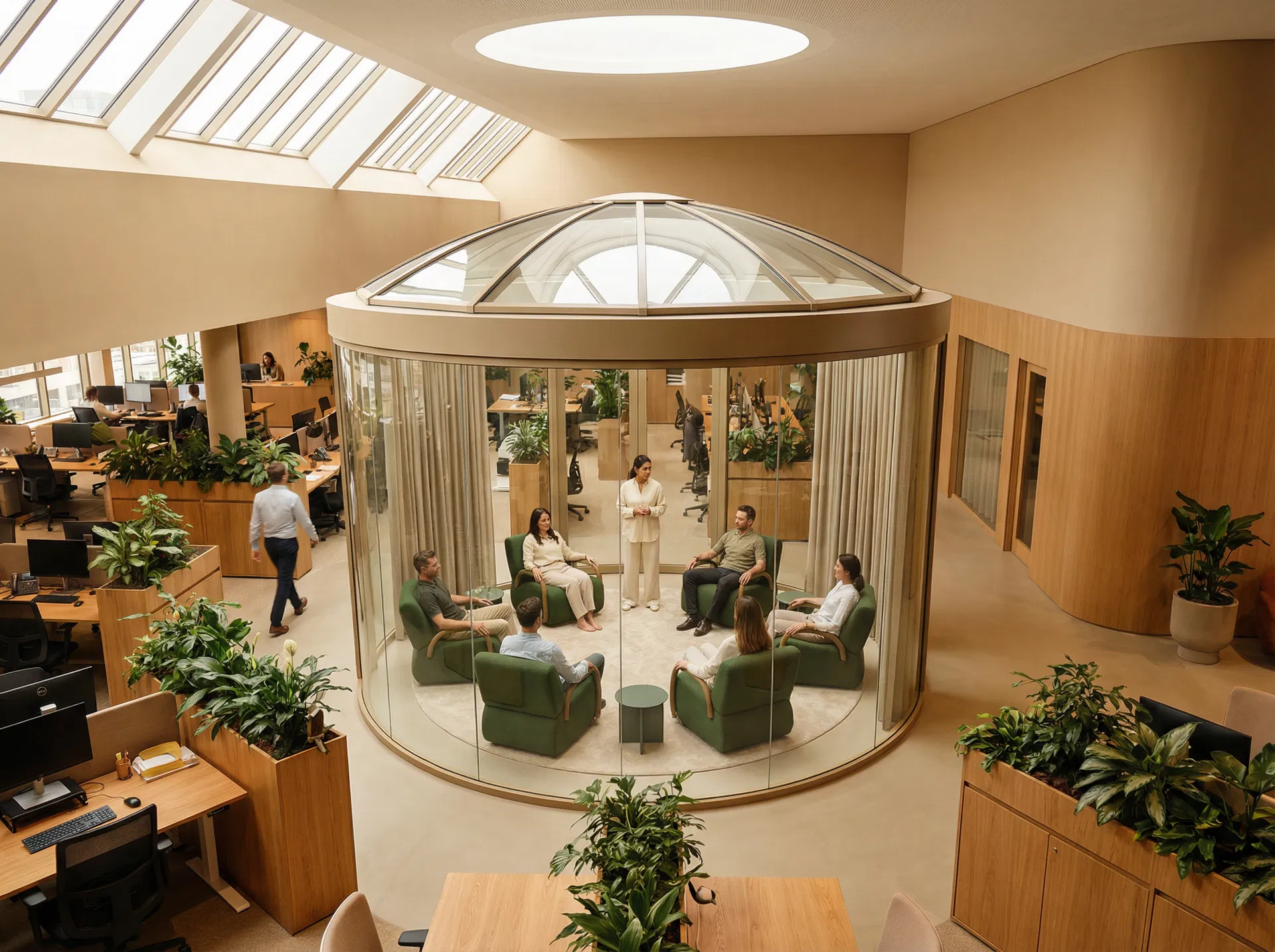 Sessão de bem-estar em escritório corporativo