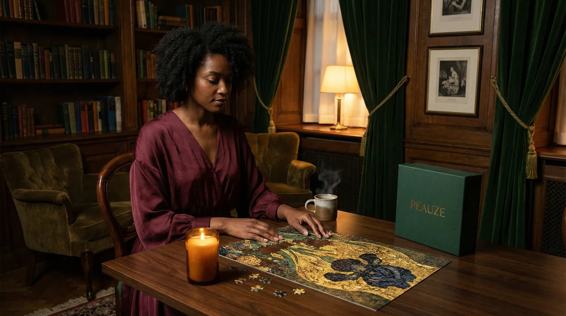 Le Peauze Lady assembling the Iris in Moonlight puzzle