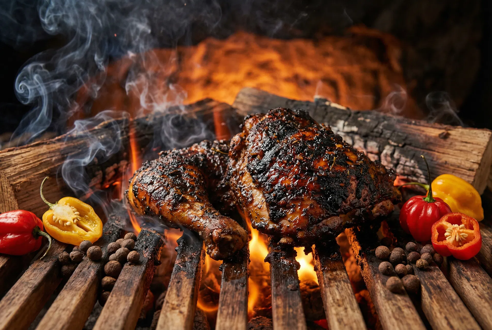 Jerk chicken on pimento wood grill