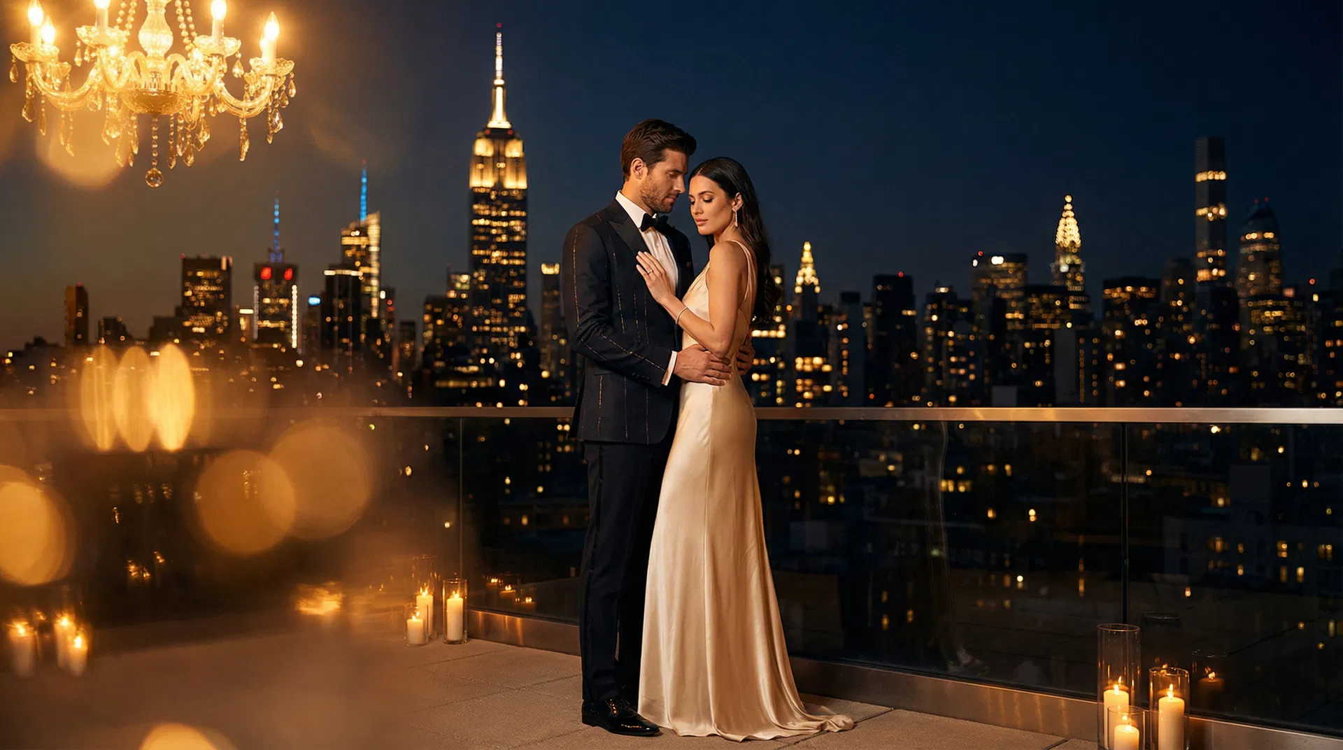 Luxury romantic couple with NYC backdrop