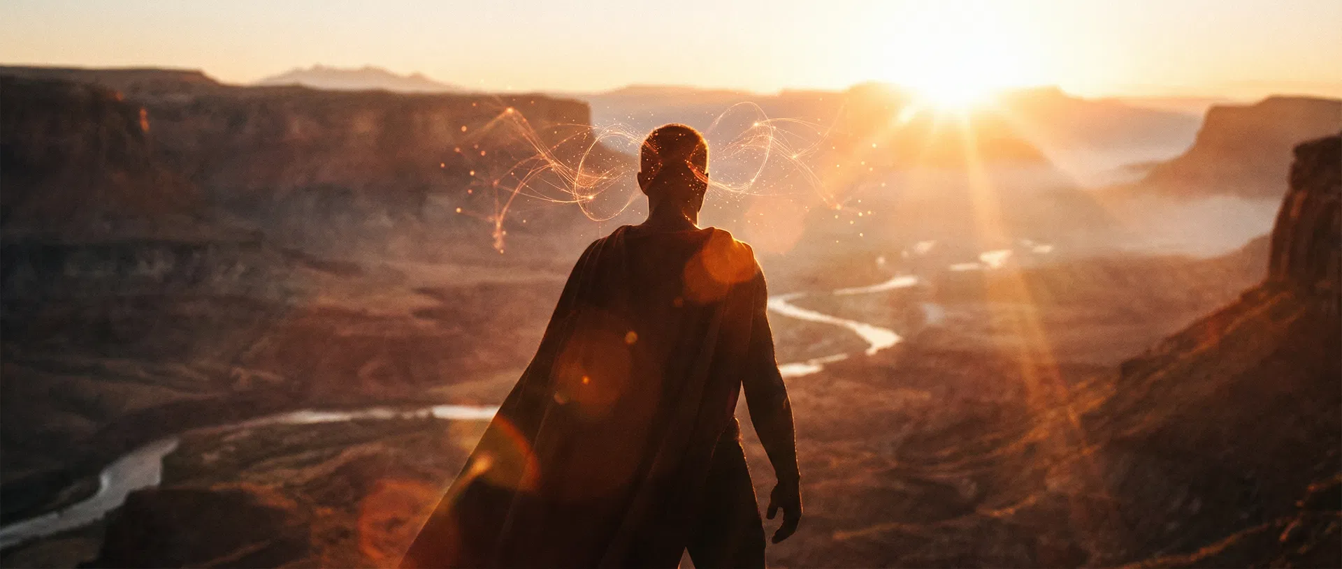 Silhouette standing in golden sunrise light with neural pathways