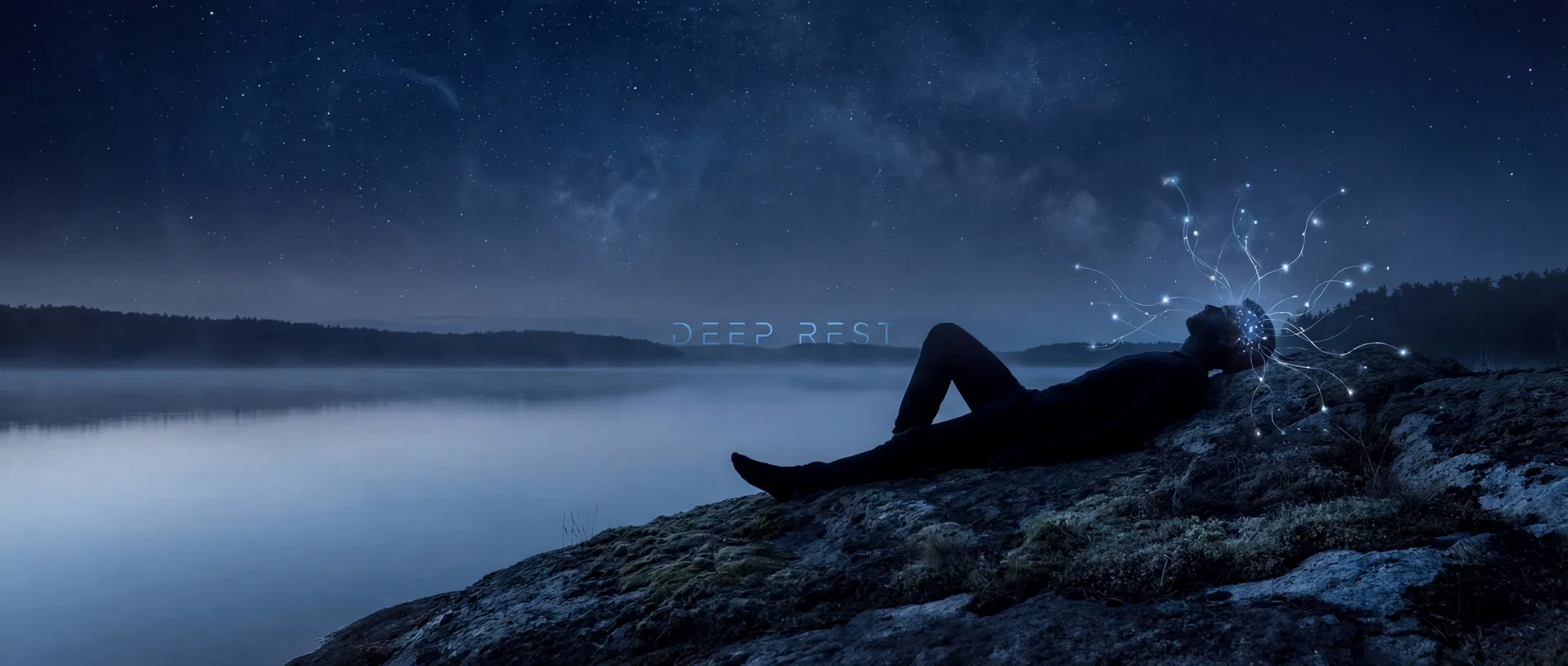 Serene figure resting under moonlight with bioluminescent neural pathways