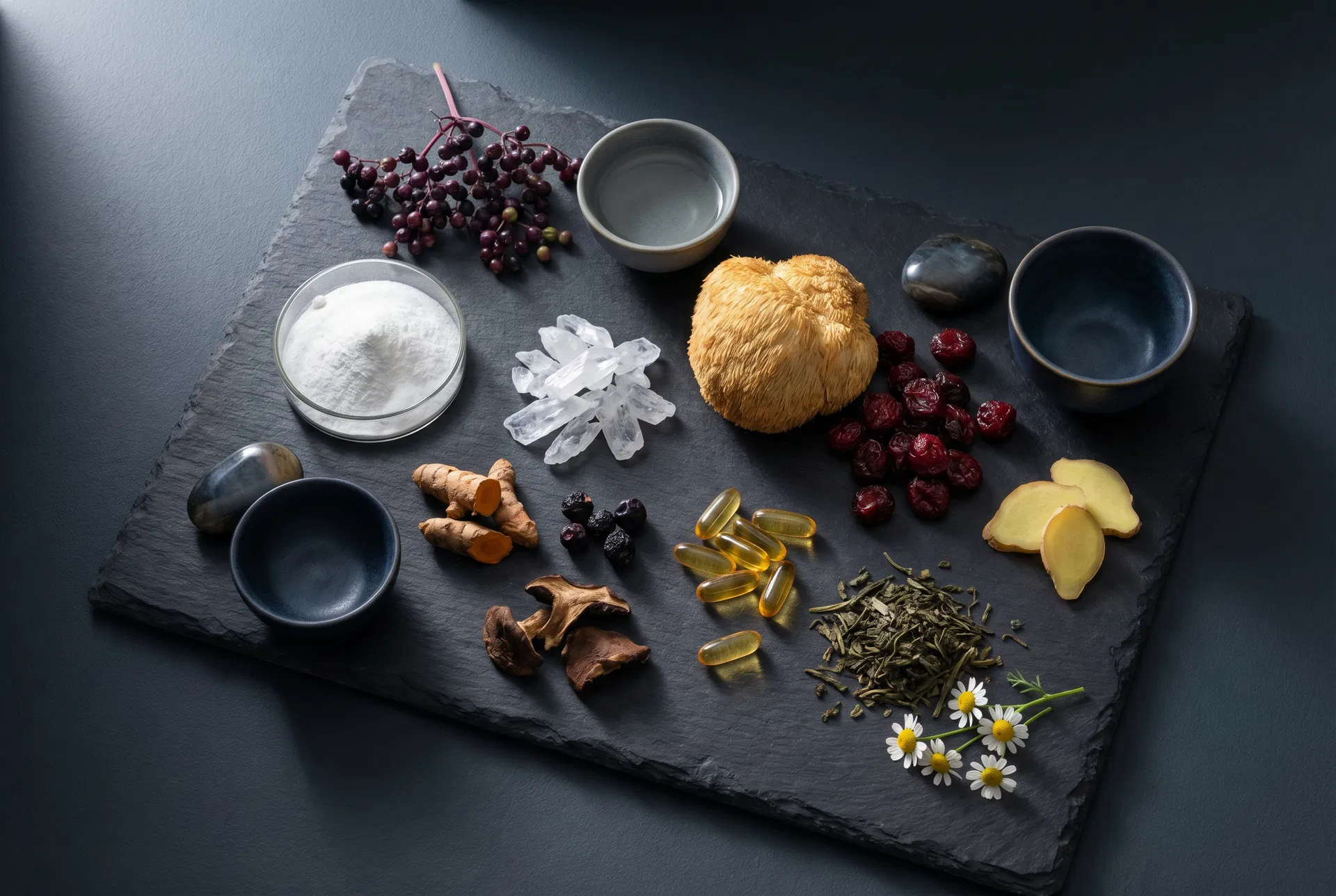 Premium ingredient composition on dark slate