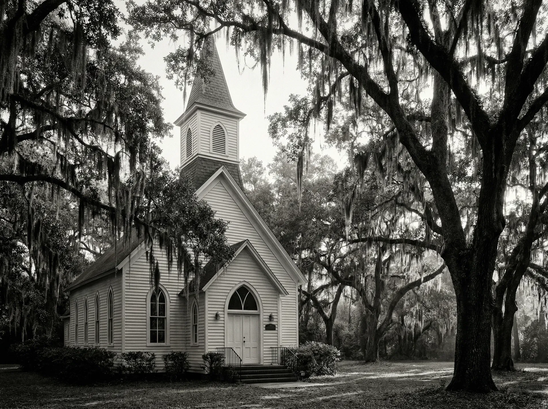 Historic white chapel surrounded by palm trees in Central Florida — a place of remembrance