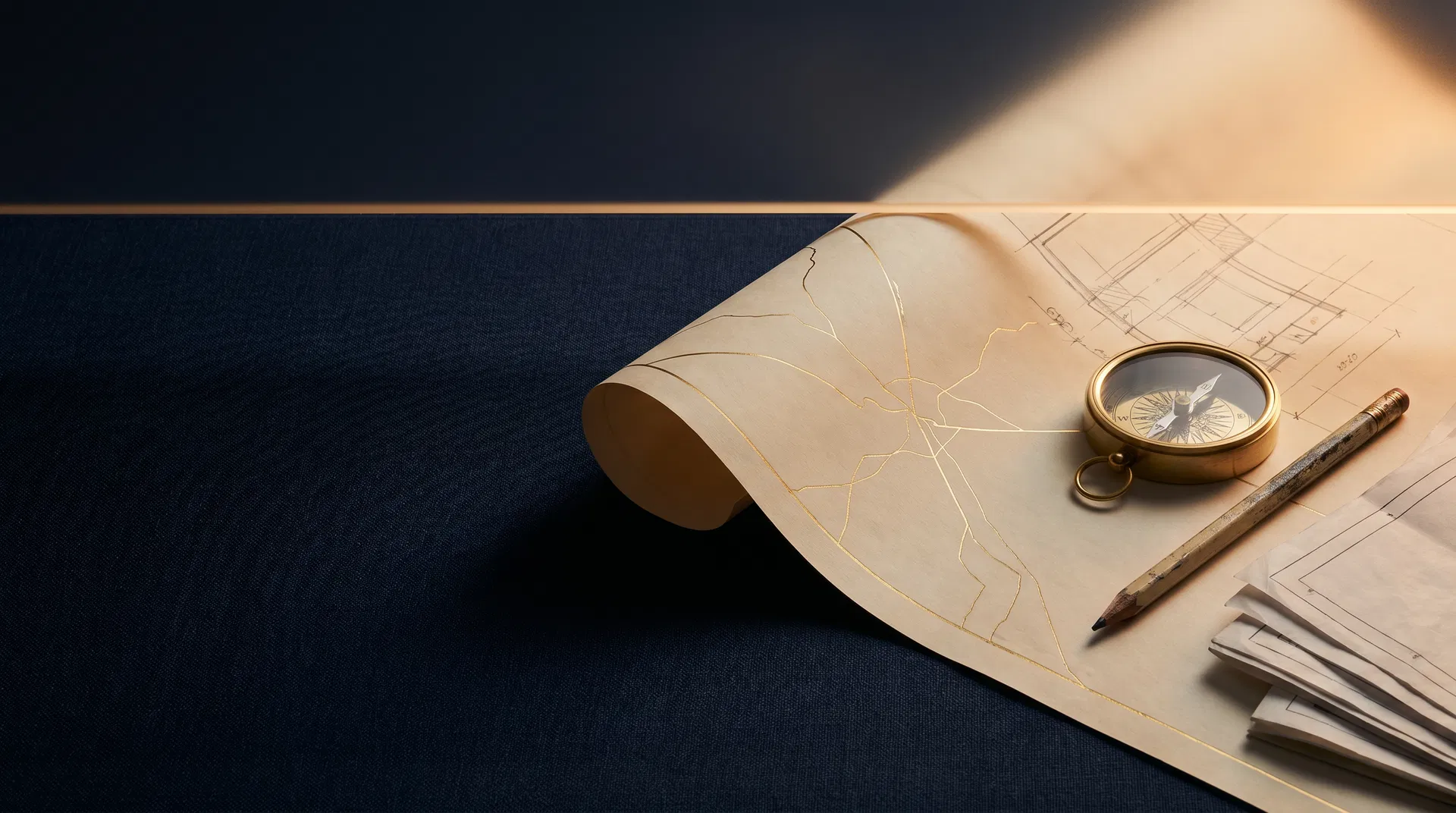 Editorial still life with chart paper, compass, and blueprint details against a deep navy background