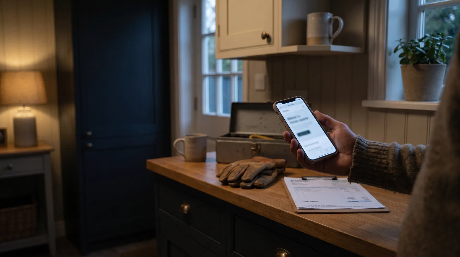 Quiet evening interior with a homeowner checking a contractor website on a phone near work gloves and a clipboard
