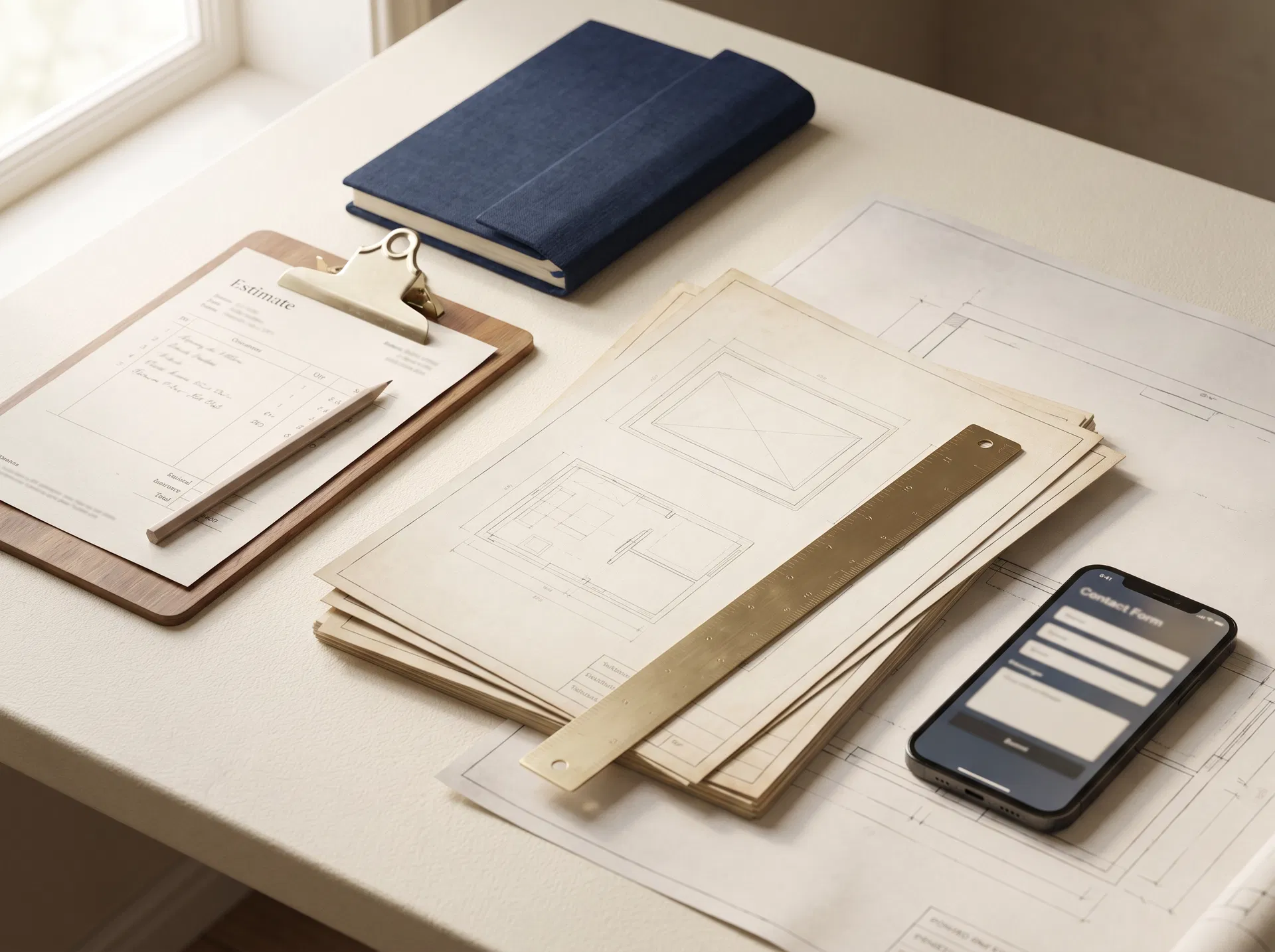 Premium still life featuring a clipboard, printed layouts, a ruler, and a phone showing a simple contact form