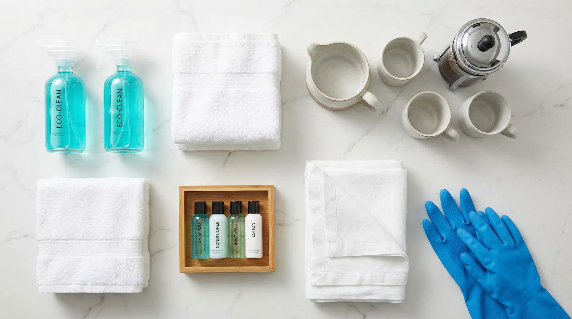 Professional cleaning supplies and guest amenities provided on-site