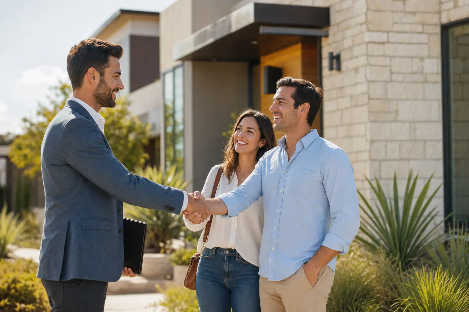 Real estate agent helping buyers with new construction home