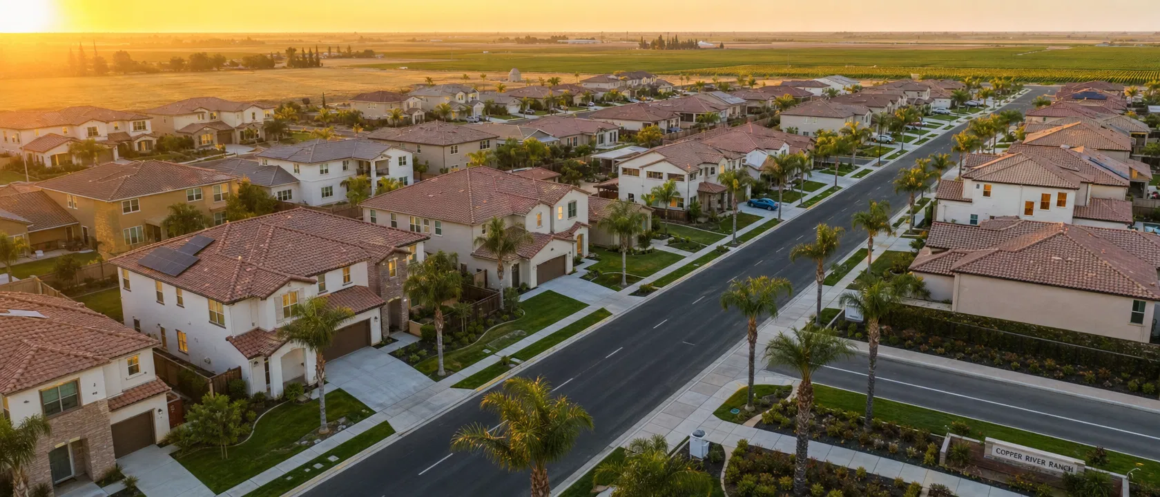 Aerial view of new construction homes in Fresno, California at golden hour