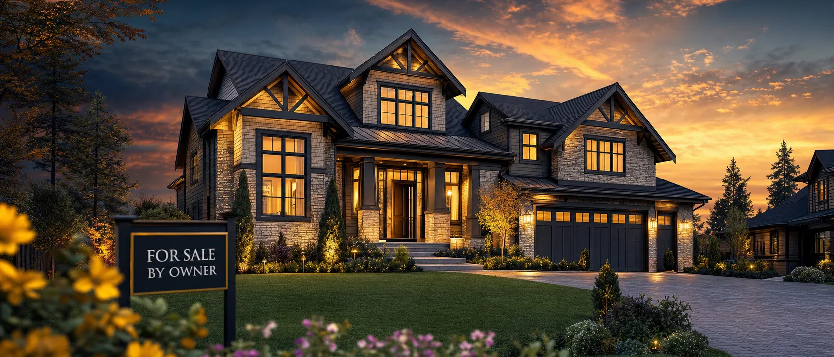 Beautiful home at golden hour with For Sale By Owner sign
