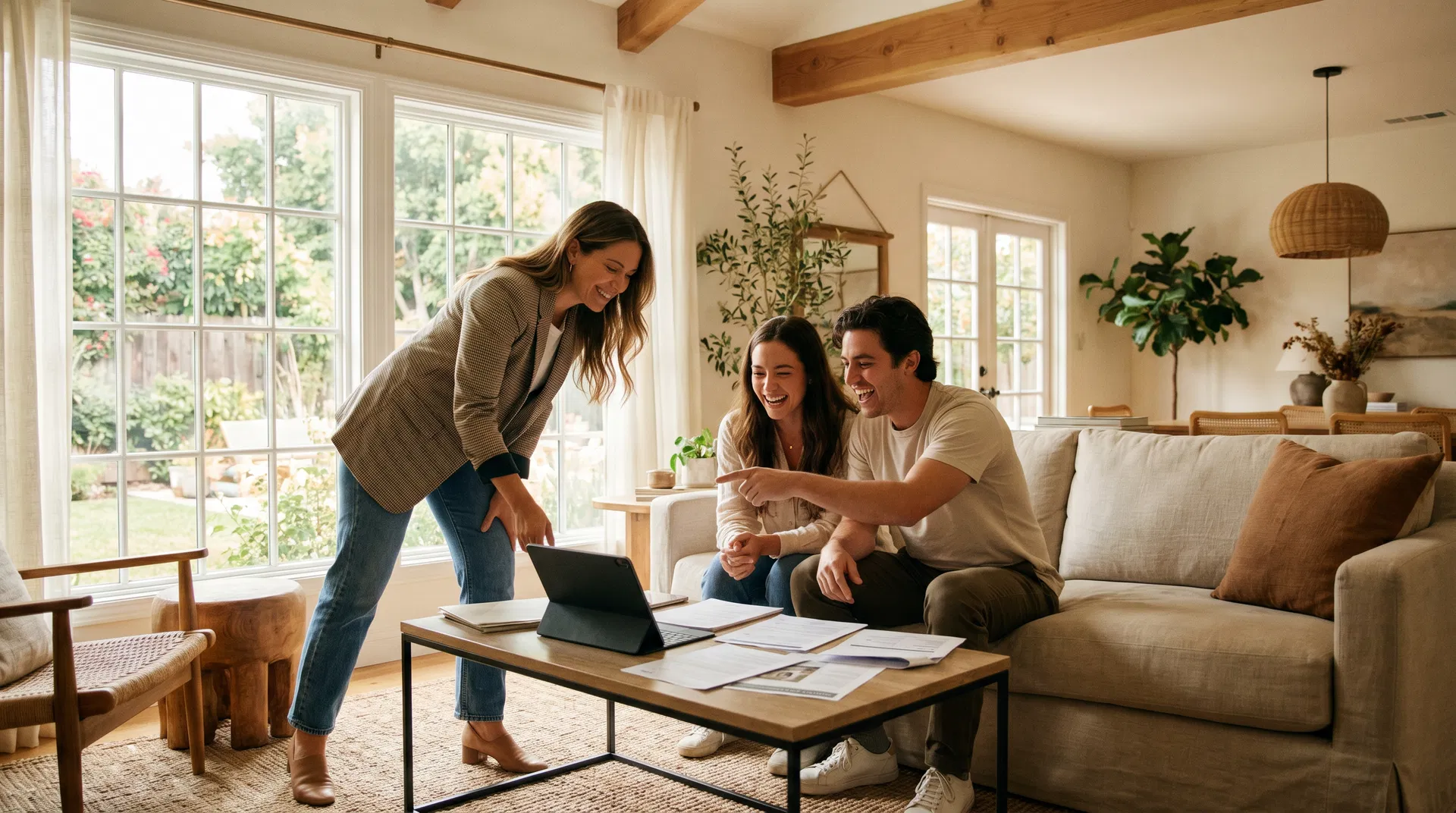 Real estate agent meeting with buyers in a warm California home
