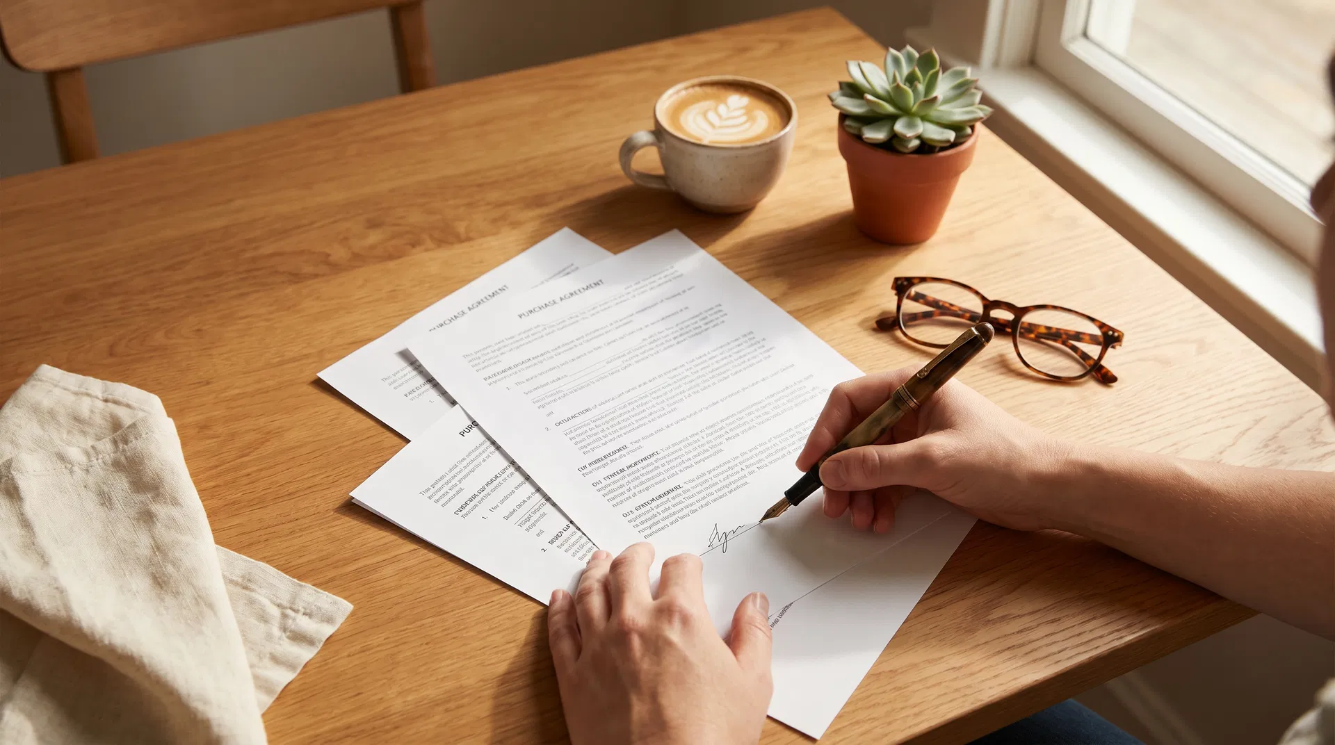 Signing real estate documents at a warm wooden table