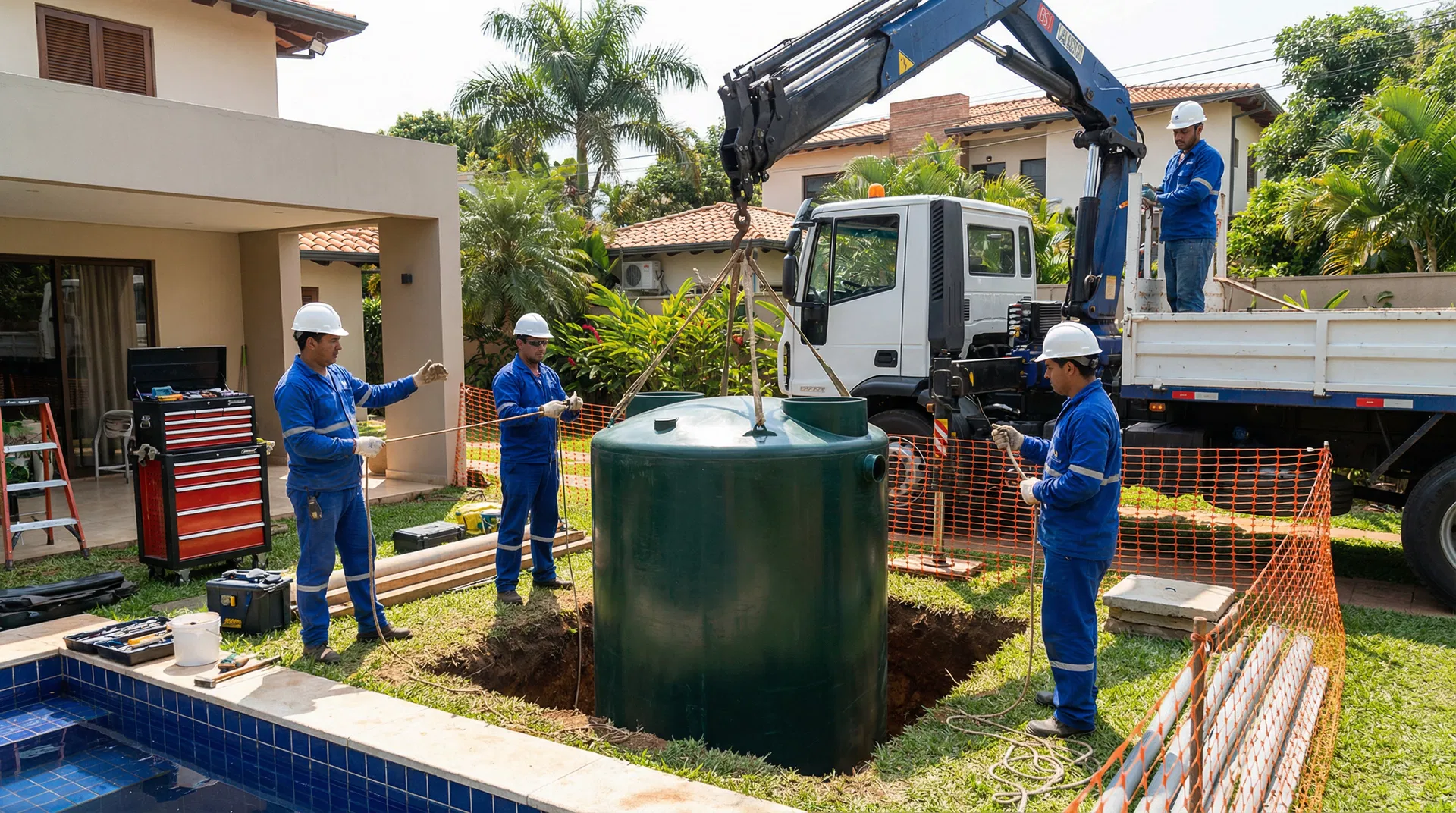 Equipo profesional instalando biodigestor