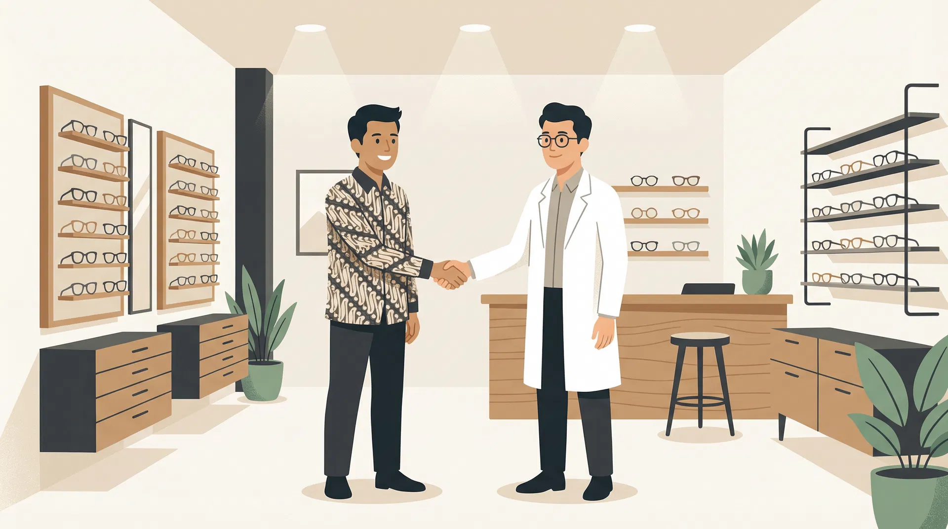Mitra Sales Lensiro — supplier optik berjabat tangan dengan pemilik toko