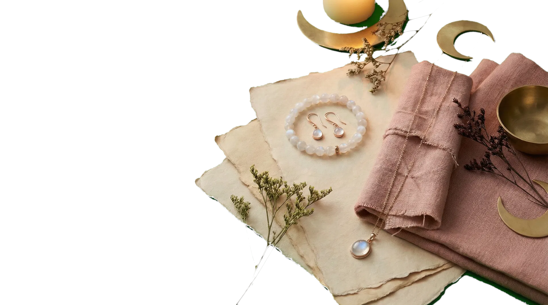 Editorial arrangement of Daya Jewelry crystal pieces for the article closing section