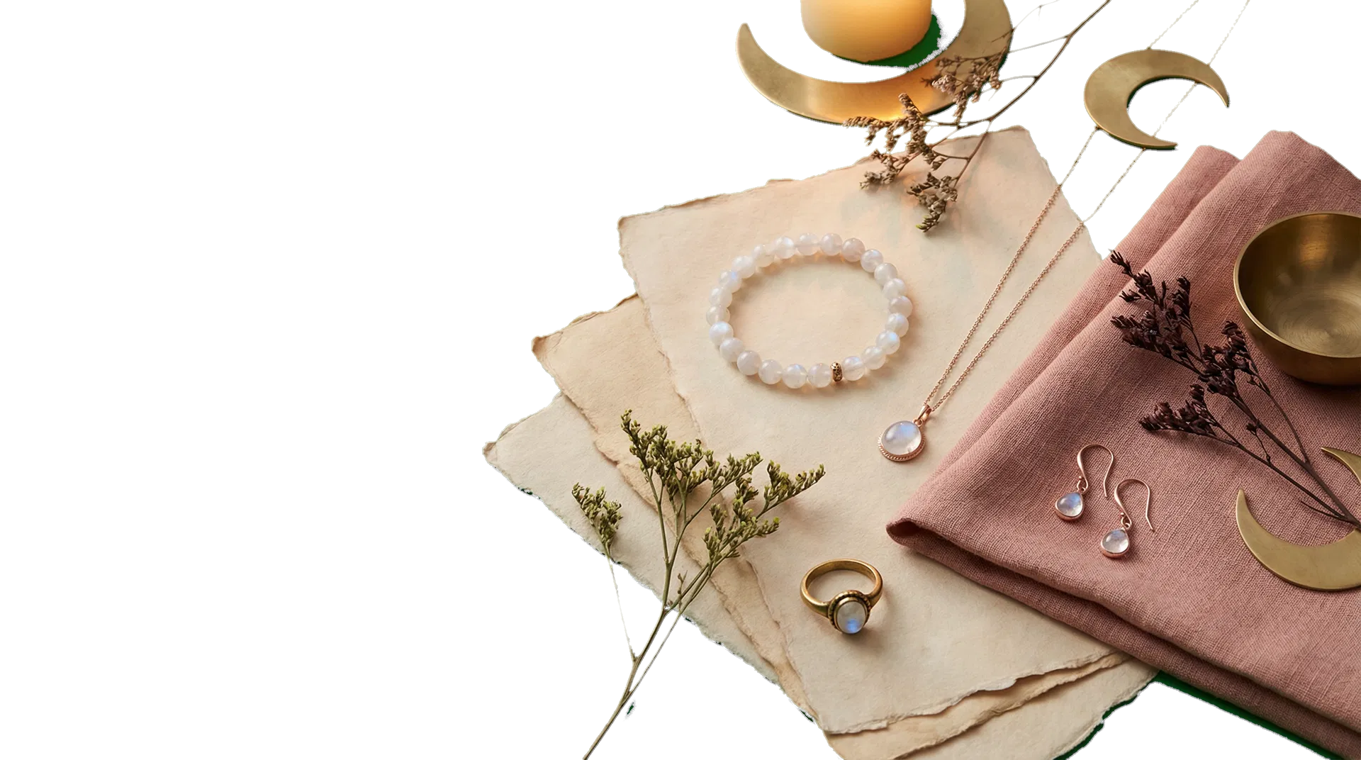 Editorial still life featuring moonstone jewelry on parchment and rose-clay linen