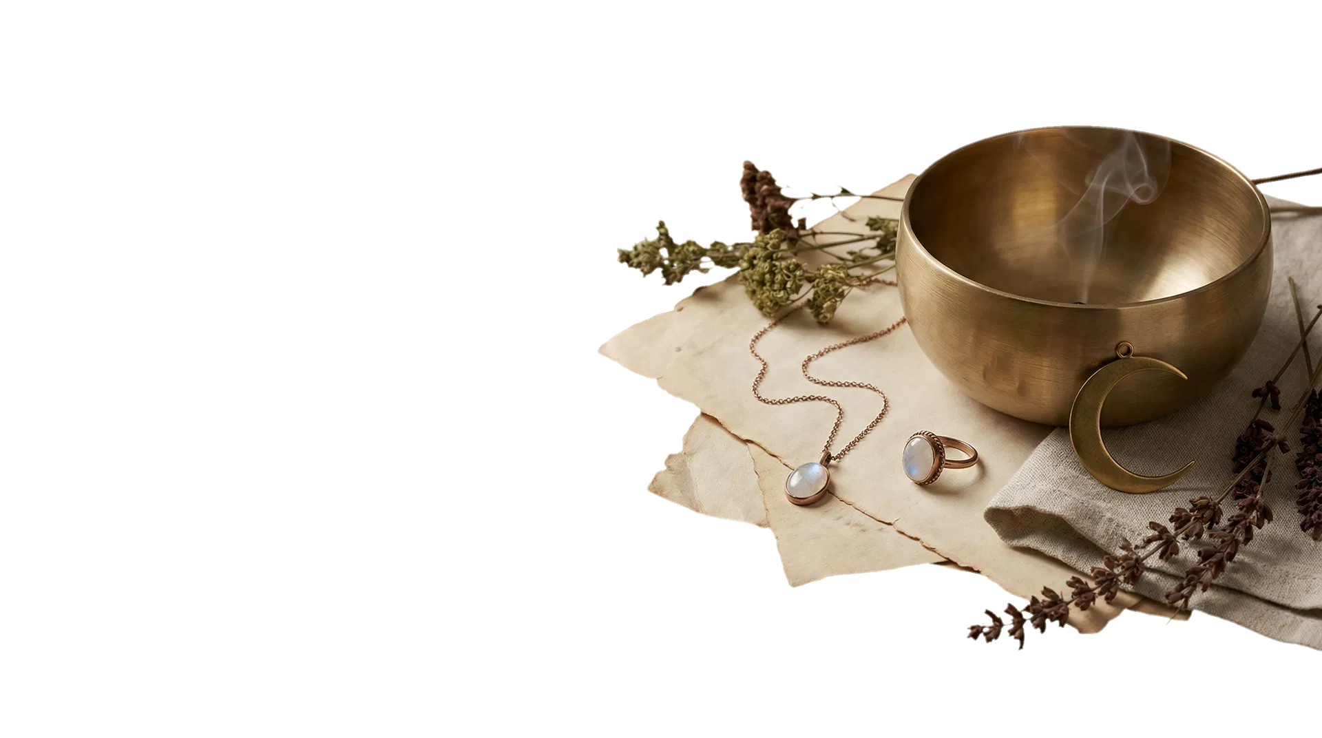 Singing bowl and moonstone jewelry styled as a ritual editorial image