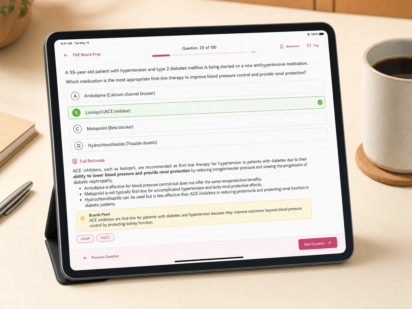 Full rationale close-up on iPad — ACE inhibitor question with correct answer highlighted, Boards Pearl tip, AANP/ANCC tags