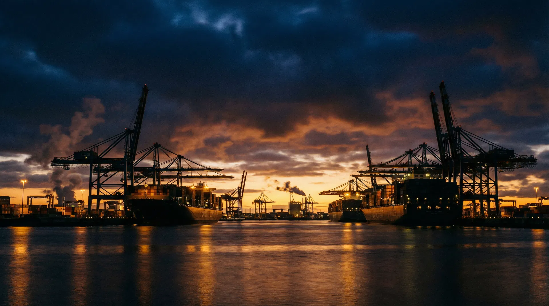 Harbor port at dusk with cargo cranes and container ships