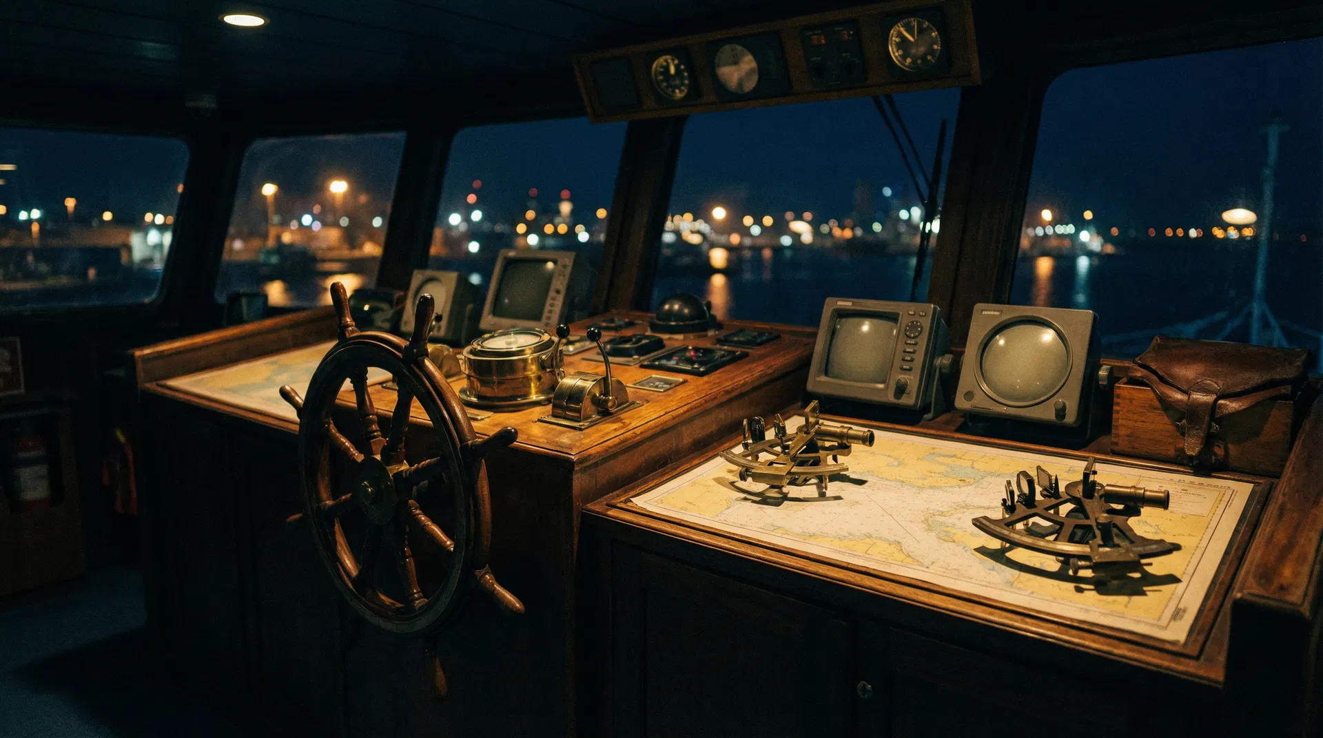 Maritime training facility with navigation equipment and ship wheel