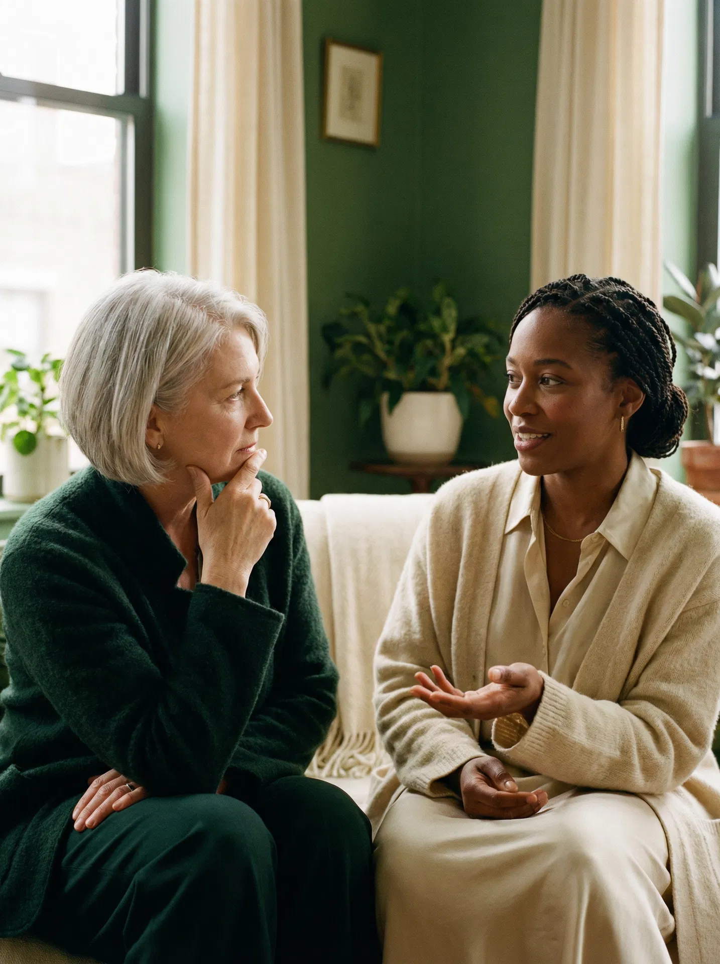 Two women in a calm coaching conversation