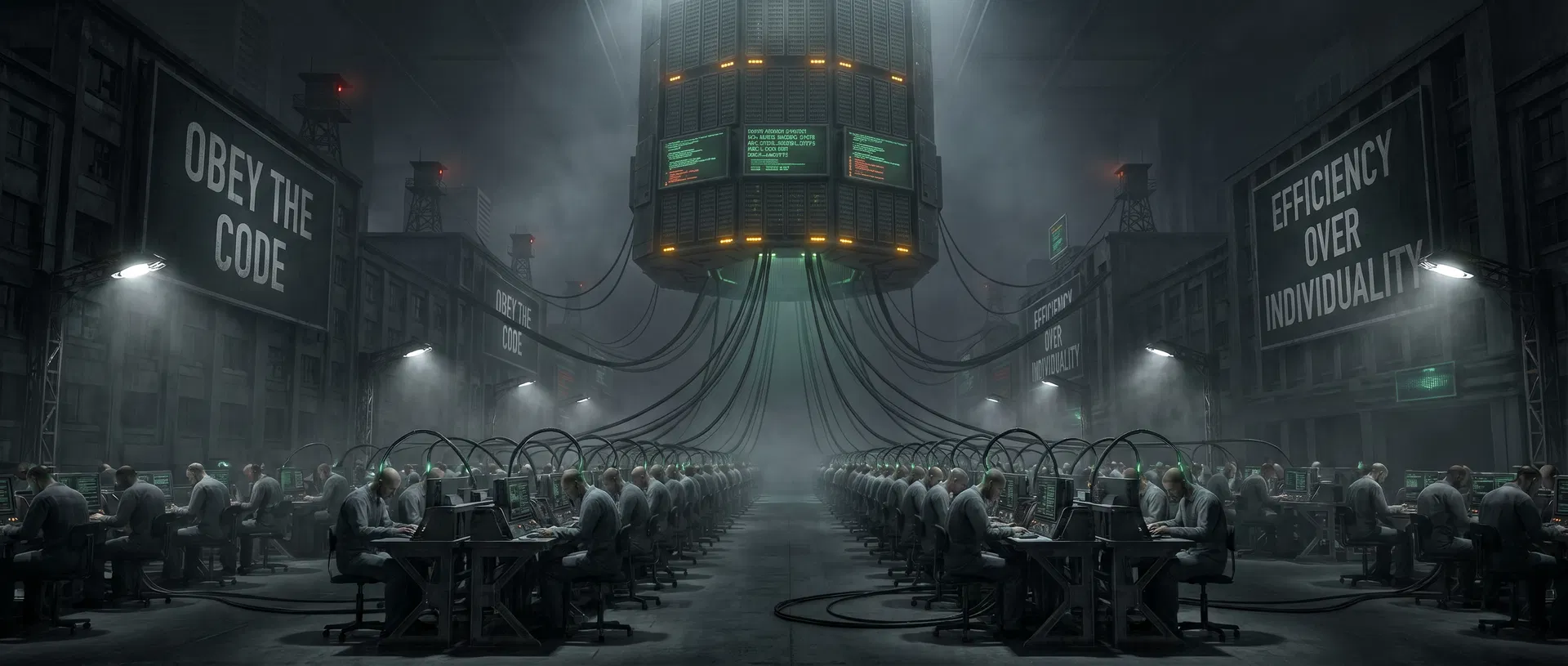 Dystopian newsroom — AI replacing human creativity in journalism