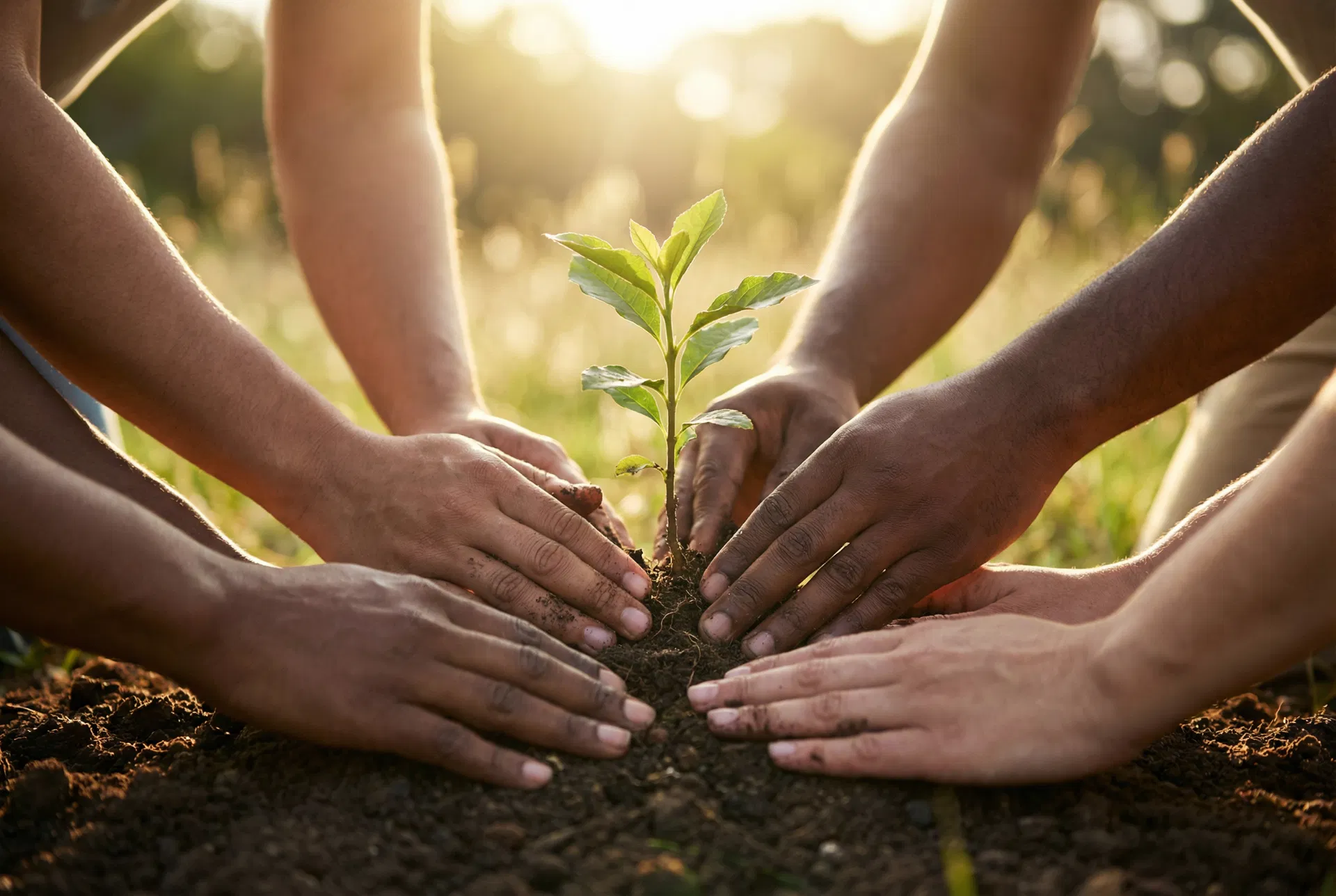 Diverse hands planting a young tree together
