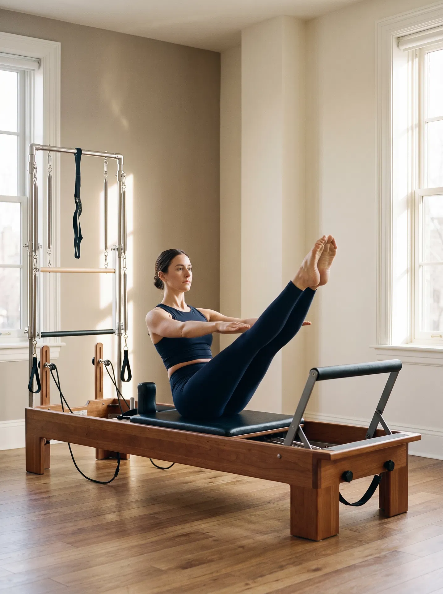 Mujer practicando Pilates Reformer en el estudio Áurea