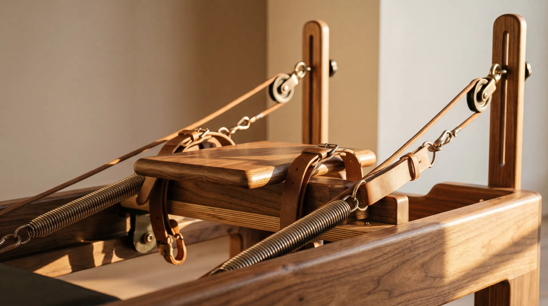 Detalle de los muelles y correas de una máquina Pilates Reformer de alta gama