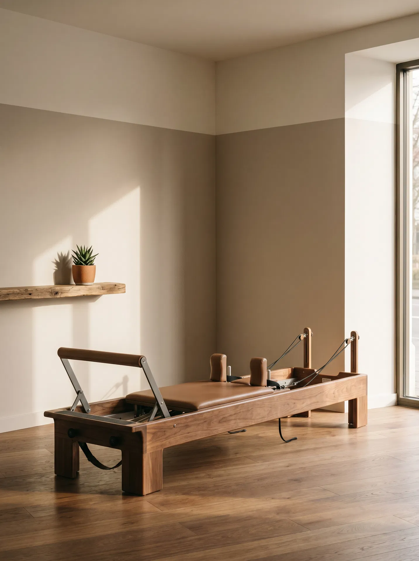 Interior del estudio Áurea Pilates con máquina Reformer de madera