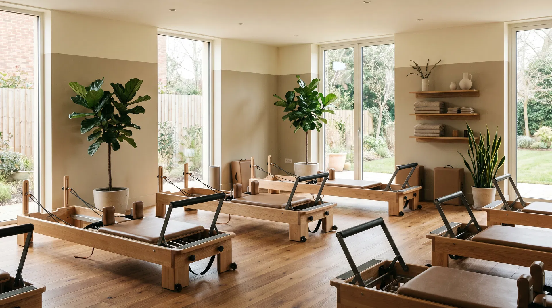 Vista panorámica del estudio Áurea Pilates con seis máquinas Reformer