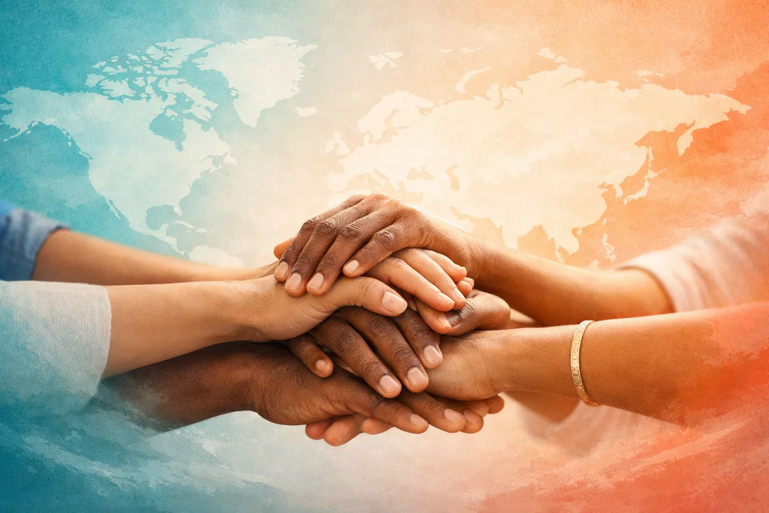 Global humanitarian effort with diverse hands coming together